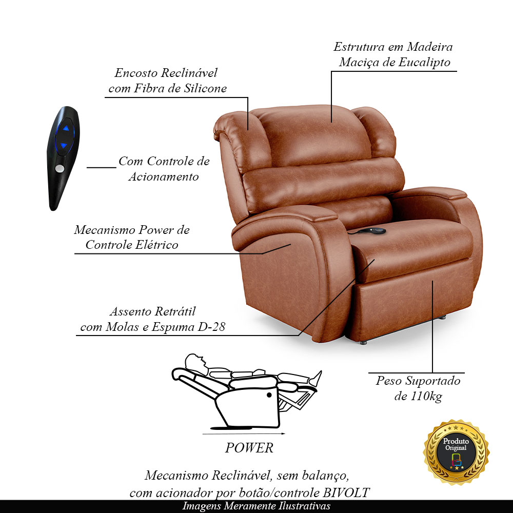 Poltrona do Papai Sala de Cinema Reclinável Kylie Controle Power Elétrico PU Caramelo Brilho G23