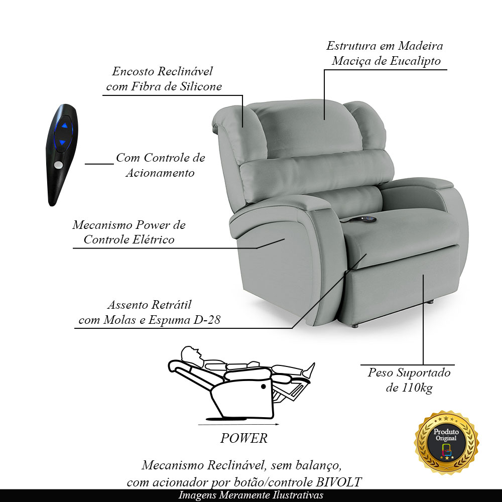 Poltrona do Papai Sala de Cinema Reclinável Kylie Controle Power Elétrico PU Cinza G23