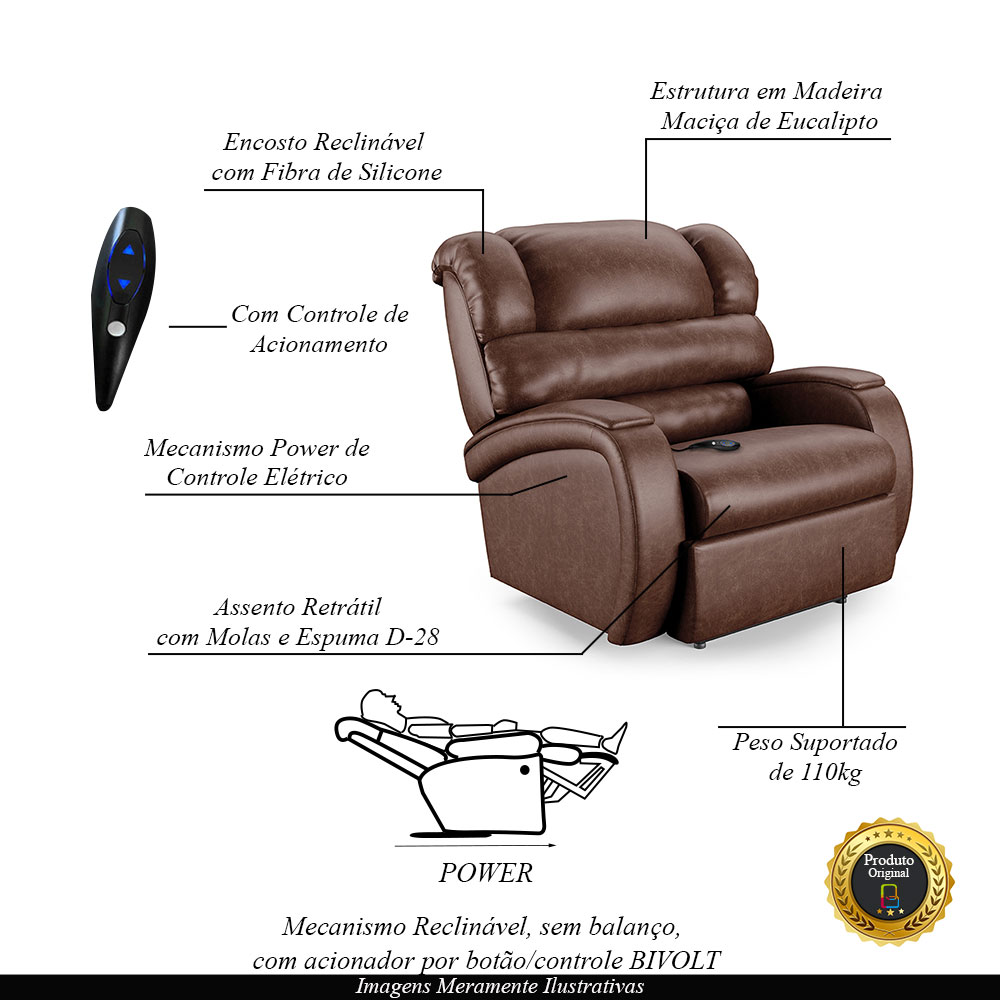Poltrona do Papai Sala de Cinema Reclinável Kylie Controle Power Elétrico PU Marrom Brilho G23