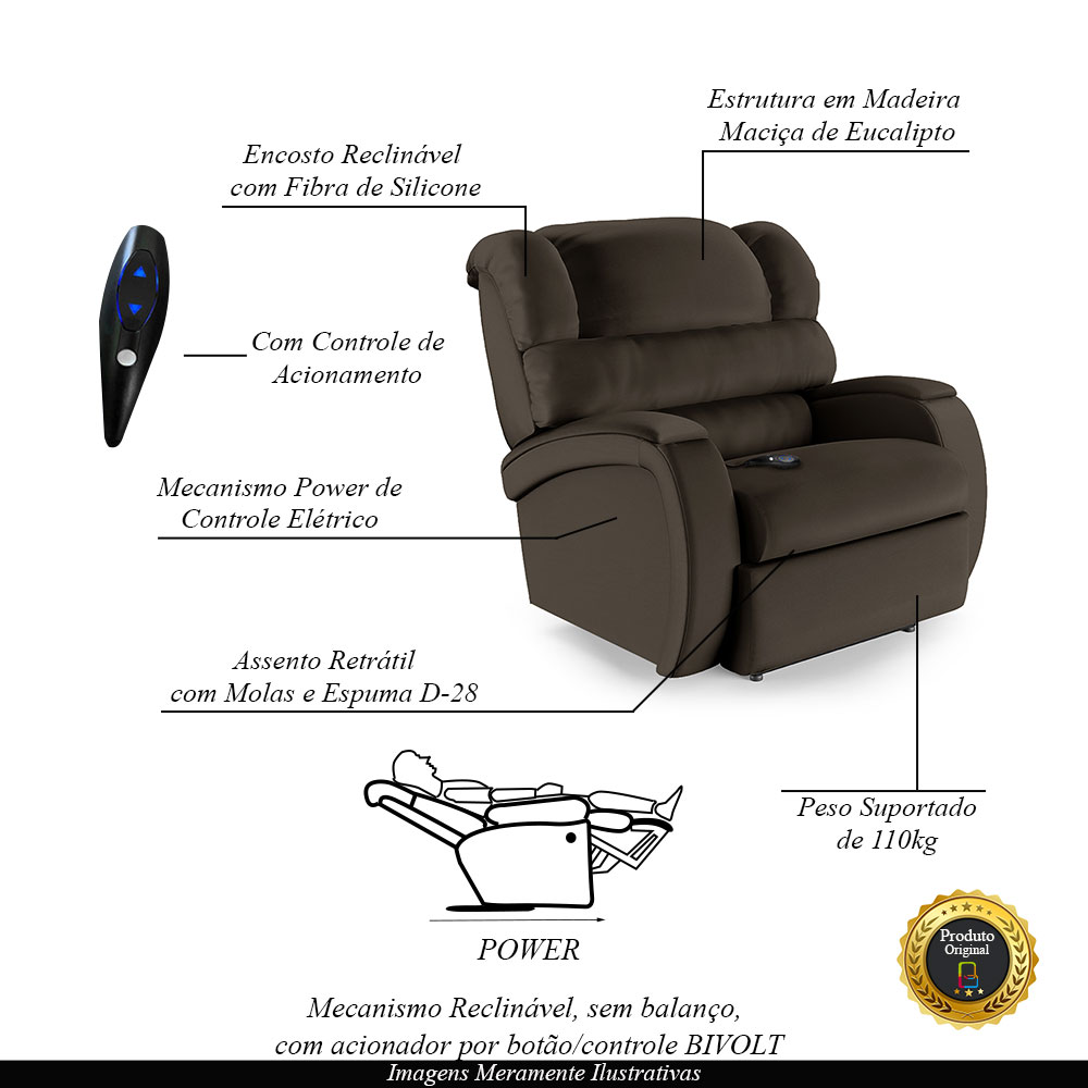 Poltrona do Papai Sala de Cinema Reclinável Kylie Controle Power Elétrico PU Marrom G23