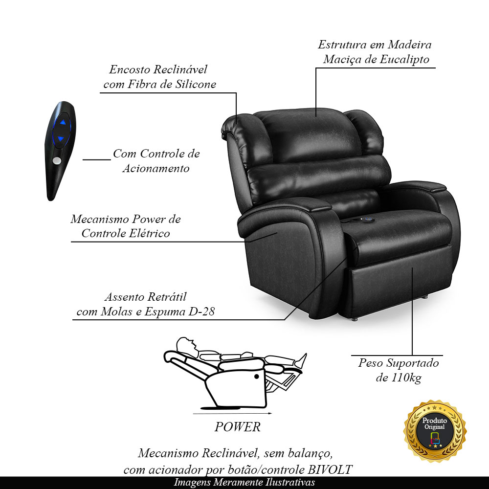 Poltrona do Papai Sala de Cinema Reclinável Kylie Controle Power Elétrico PU Preto Brilho G23