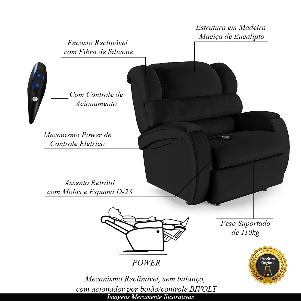 Poltrona do Papai Sala de Cinema Reclinável Kylie Controle Power Elétrico PU Preto G23