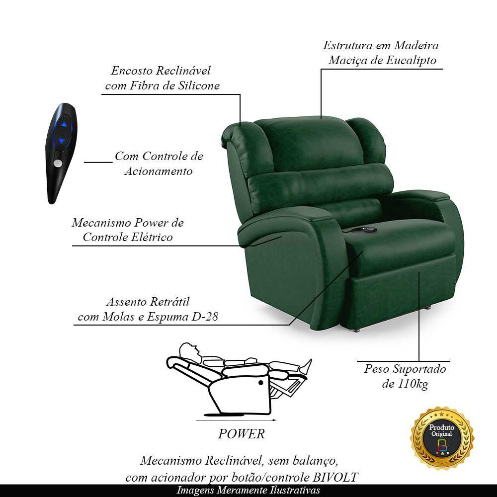 Poltrona do Papai Sala de Cinema Reclinável Kylie Controle Power Elétrico PU Verde Musgo G23