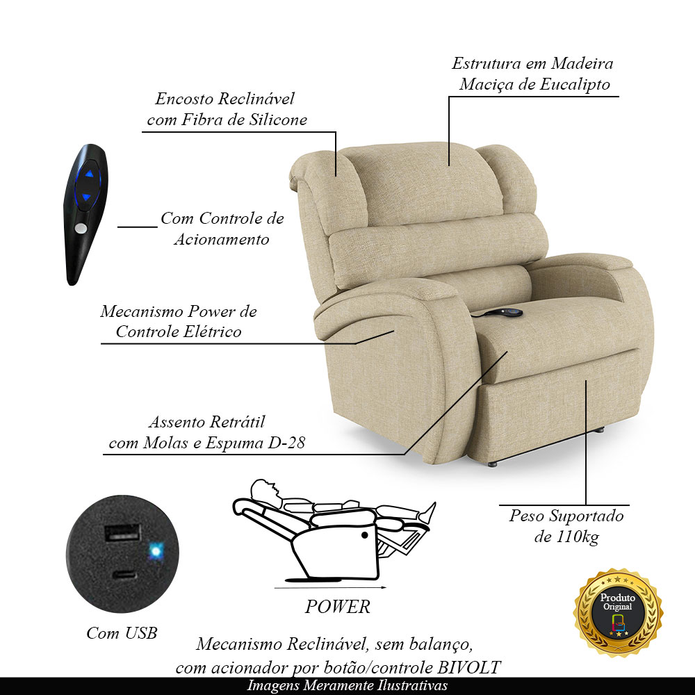 Poltrona do Papai Sala de Cinema Reclinável Kylie Controle Power Elétrico USB Linho Bege G23