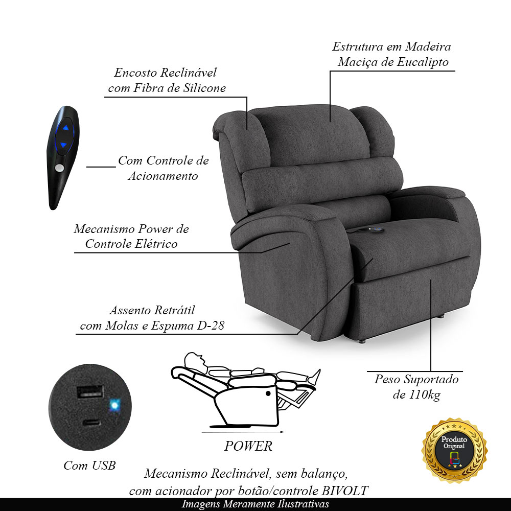 Poltrona do Papai Sala de Cinema Reclinável Kylie Controle Power Elétrico USB Linho Chumbo G23