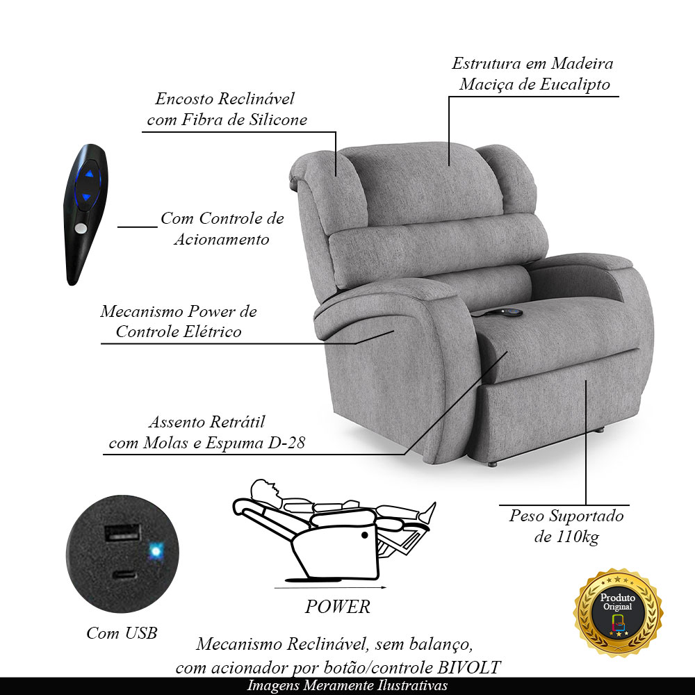 Poltrona do Papai Sala de Cinema Reclinável Kylie Controle Power Elétrico USB Linho Cinza G23
