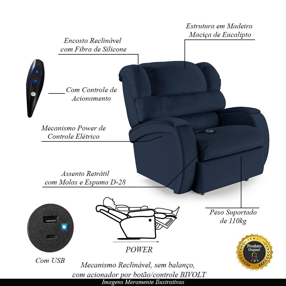 Poltrona do Papai Sala de Cinema Reclinável Kylie Controle Power Elétrico USB PU Azul G23