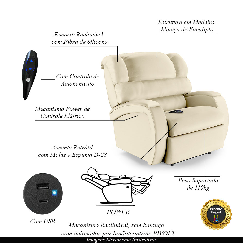 Poltrona do Papai Sala de Cinema Reclinável Kylie Controle Power Elétrico USB PU Bege G23