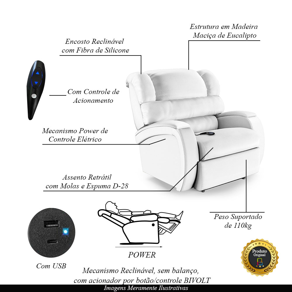 Poltrona do Papai Sala de Cinema Reclinável Kylie Controle Power Elétrico USB PU Branco G23
