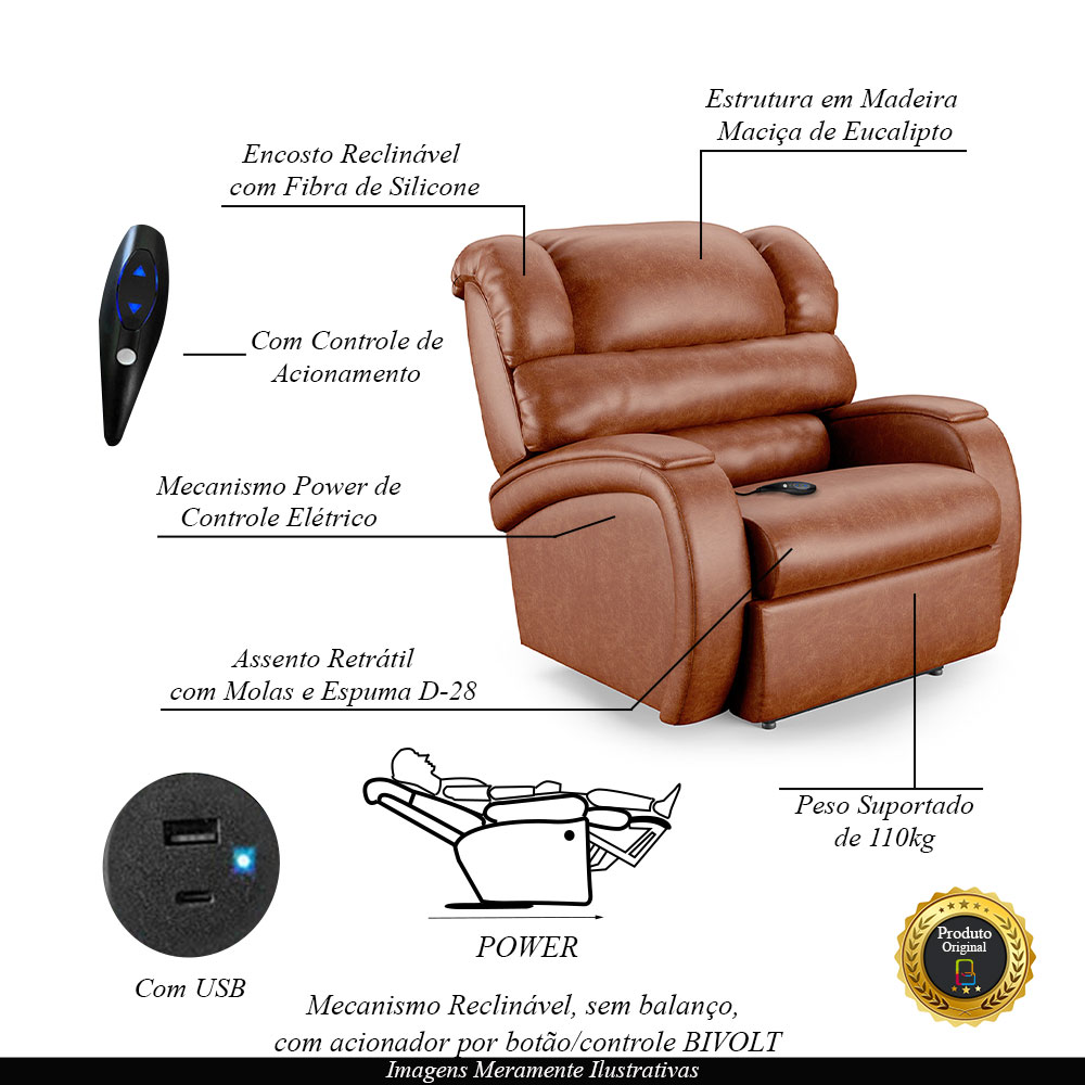 Poltrona do Papai Sala de Cinema Reclinável Kylie Controle Power Elétrico USB PU Caramelo Brilho G23
