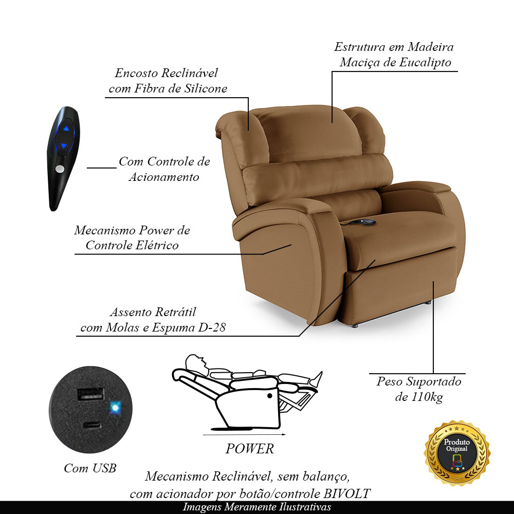 Poltrona do Papai Sala de Cinema Reclinável Kylie Controle Power Elétrico USB PU Caramelo G23