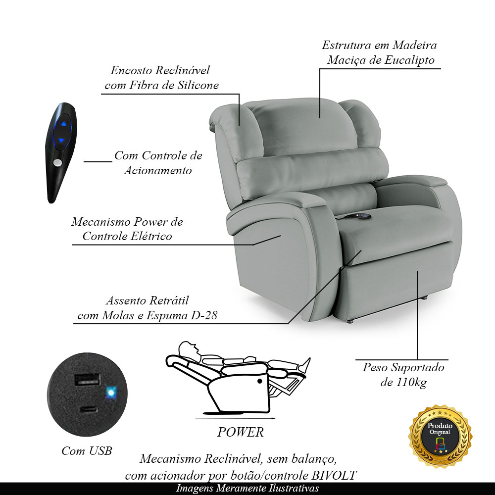 Poltrona do Papai Sala de Cinema Reclinável Kylie Controle Power Elétrico USB PU Cinza G23
