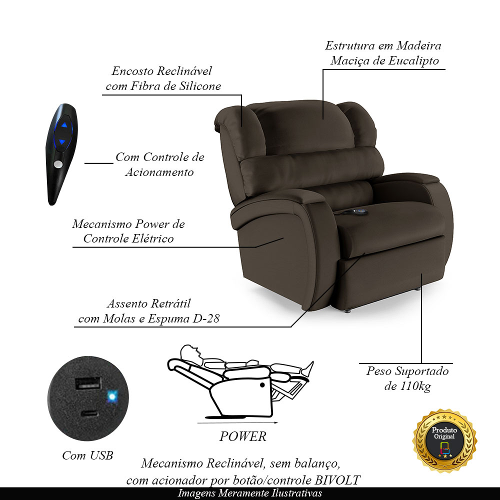 Poltrona do Papai Sala de Cinema Reclinável Kylie Controle Power Elétrico USB PU Marrom G23