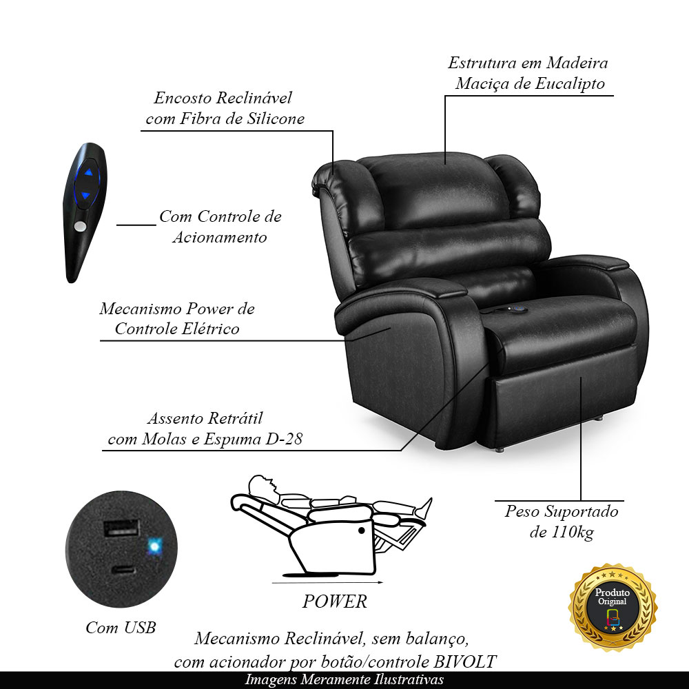 Poltrona do Papai Sala de Cinema Reclinável Kylie Controle Power Elétrico USB PU Preto Brilho G23