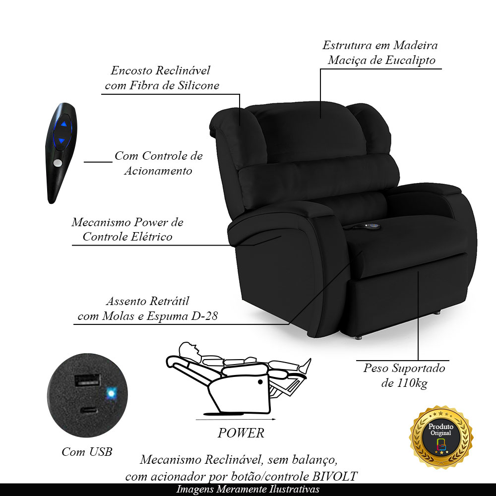 Poltrona do Papai Sala de Cinema Reclinável Kylie Controle Power Elétrico USB PU Preto G23