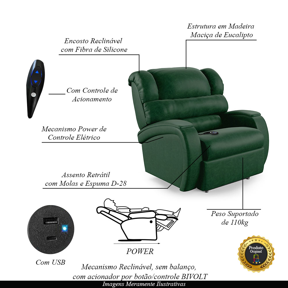 Poltrona do Papai Sala de Cinema Reclinável Kylie Controle Power Elétrico USB PU Verde Musgo G23