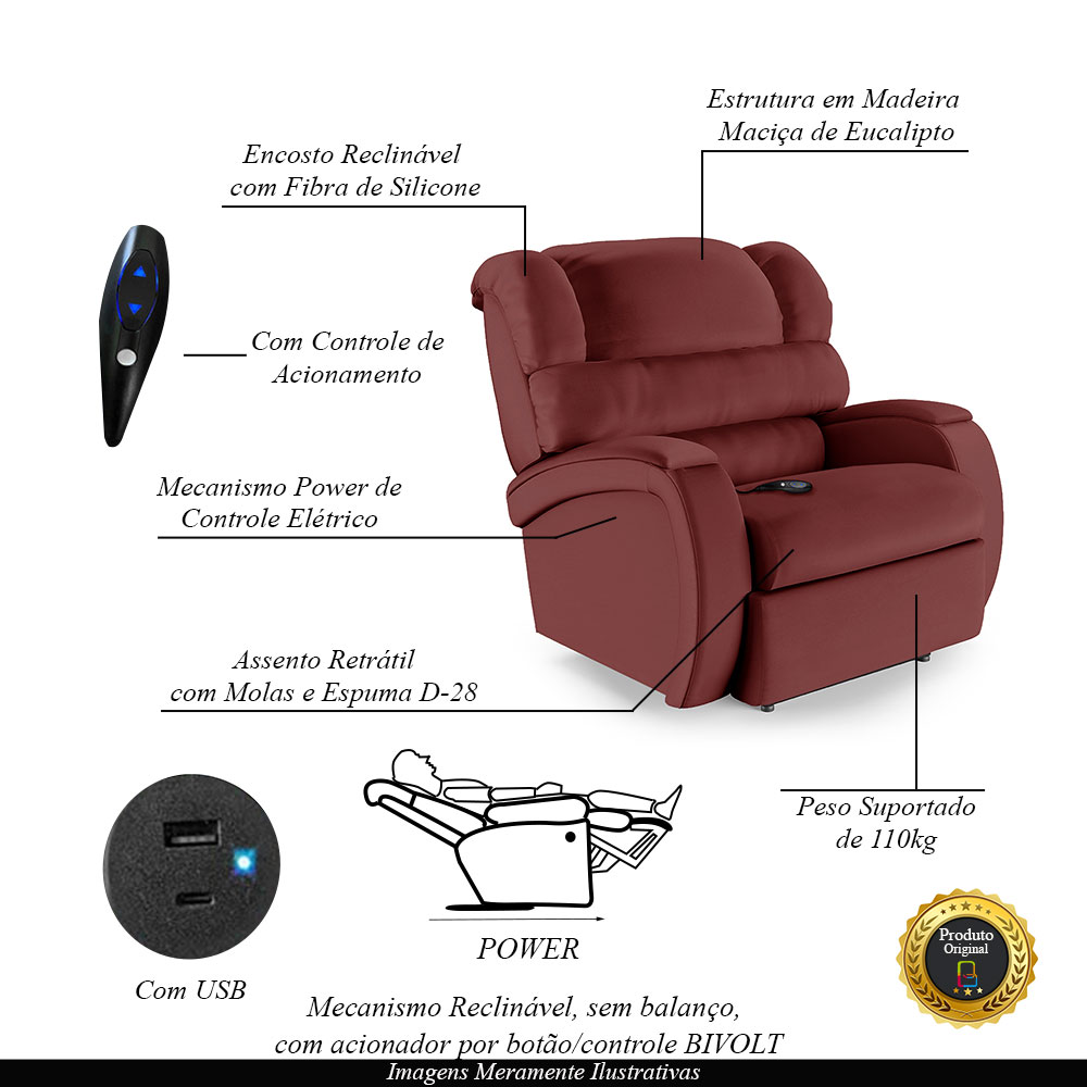 Poltrona do Papai Sala de Cinema Reclinável Kylie Controle Power Elétrico USB PU Vermelho G23
