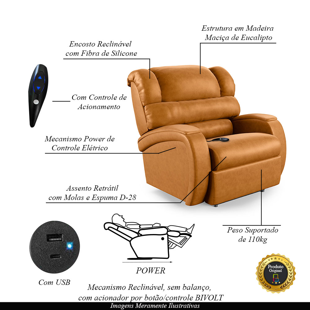 Poltrona do Papai Sala de Cinema Reclinável Kylie Controle Power Elétrico USB PU Whisky G23