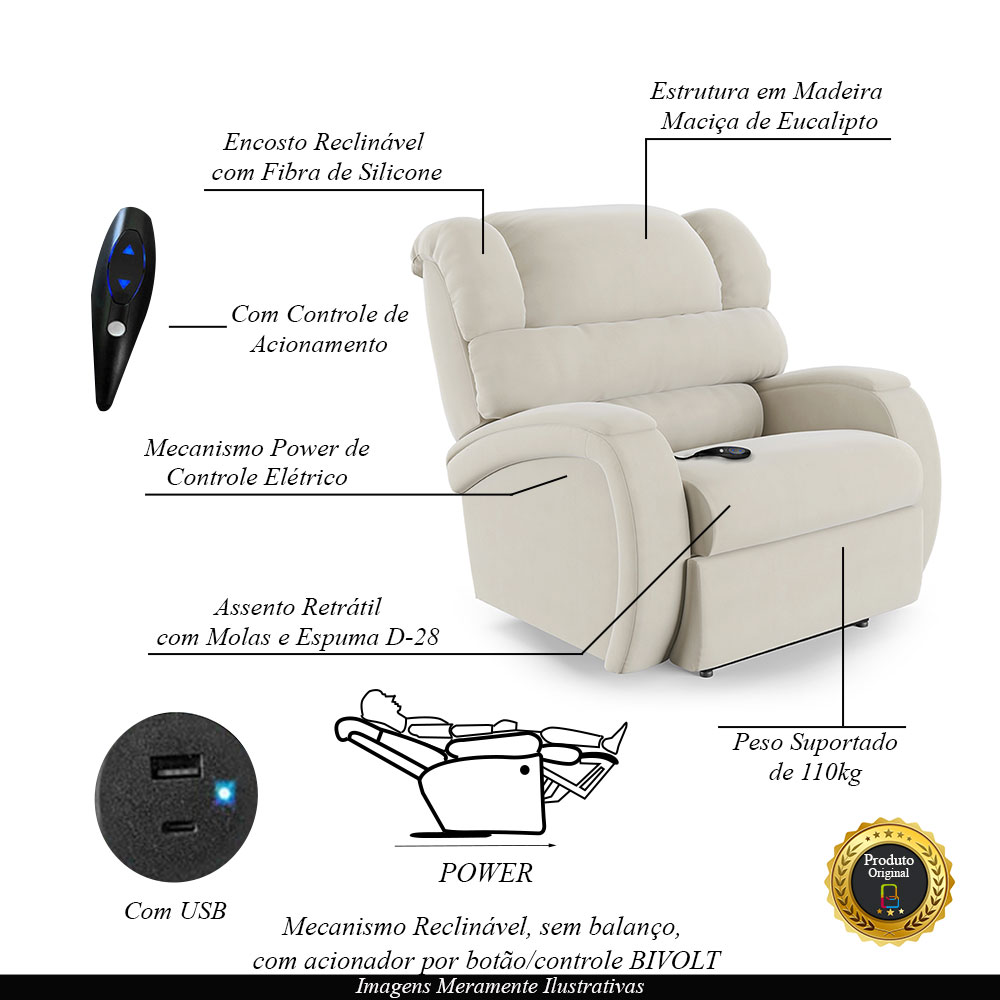 Poltrona do Papai Sala de Cinema Reclinável Kylie Controle Power Elétrico USB Veludo Bege G23