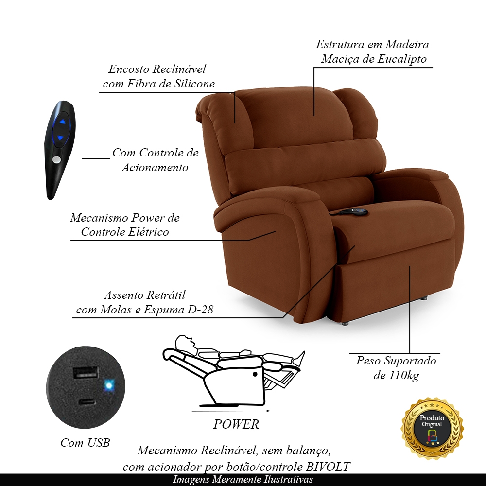 Poltrona do Papai Sala de Cinema Reclinável Kylie Controle Power Elétrico USB Veludo Terracota G23