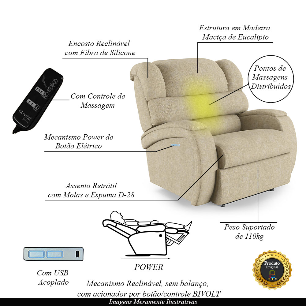 Poltrona do Papai Sala de Cinema Reclinável Kylie Elétrica Botão com Led Massagem USB Linho Bege G23
