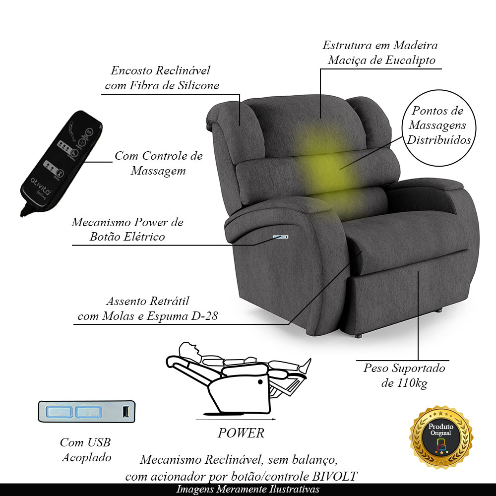 Poltrona do Papai Sala de Cinema Reclinável Kylie Elétrica Botão com Led Massagem USB Linho Chumbo G23
