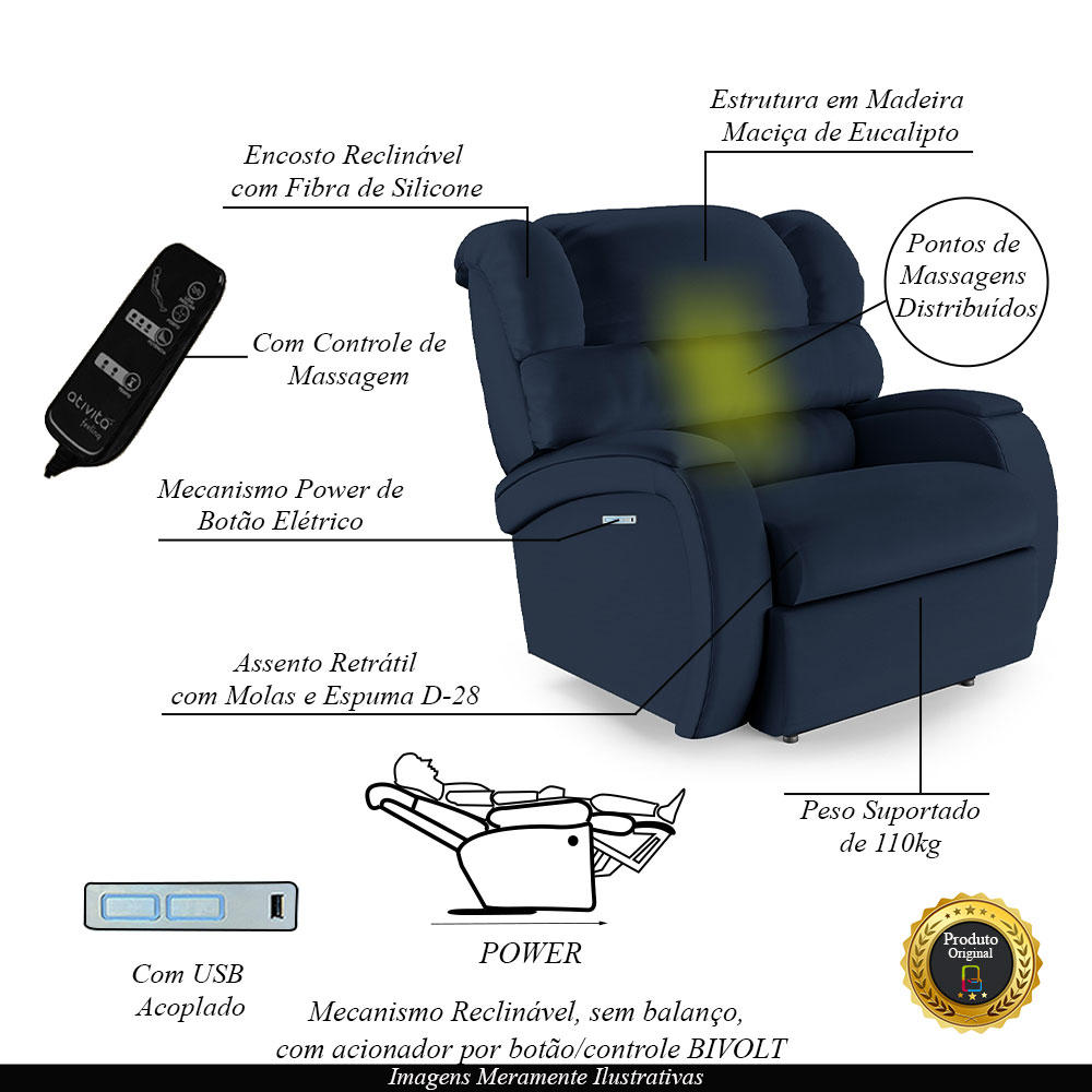Poltrona do Papai Sala de Cinema Reclinável Kylie Elétrica Botão com Led Massagem USB PU Azul G23