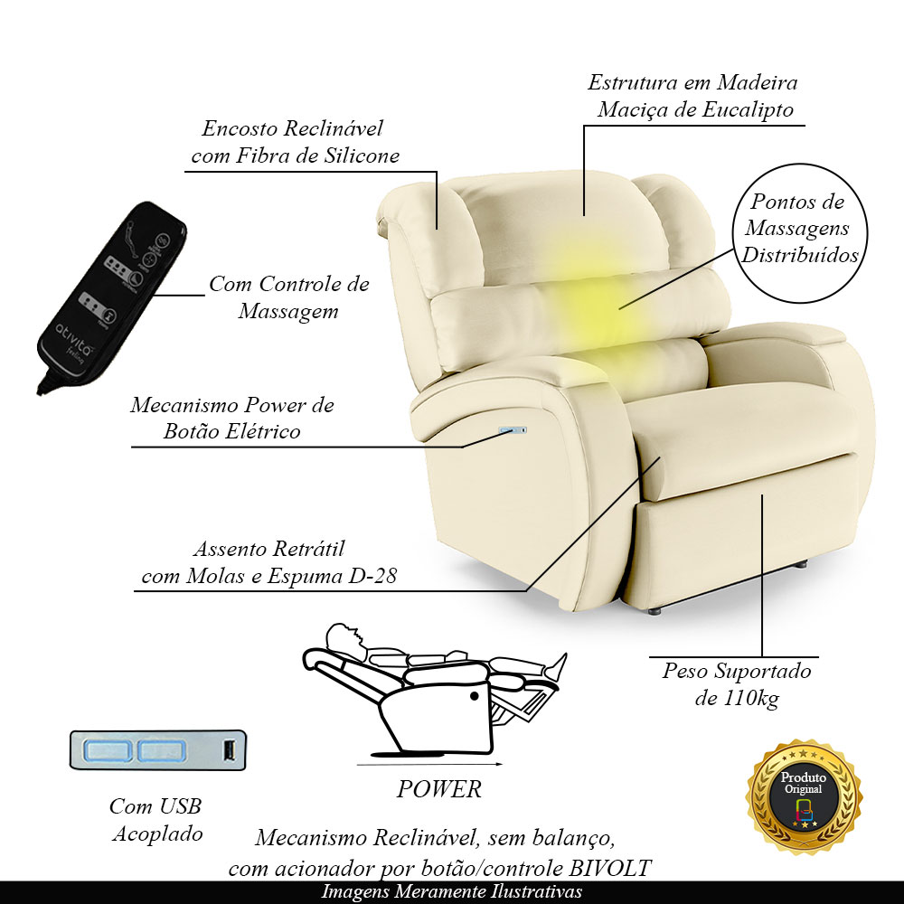 Poltrona do Papai Sala de Cinema Reclinável Kylie Elétrica Botão com Led Massagem USB PU Bege G23