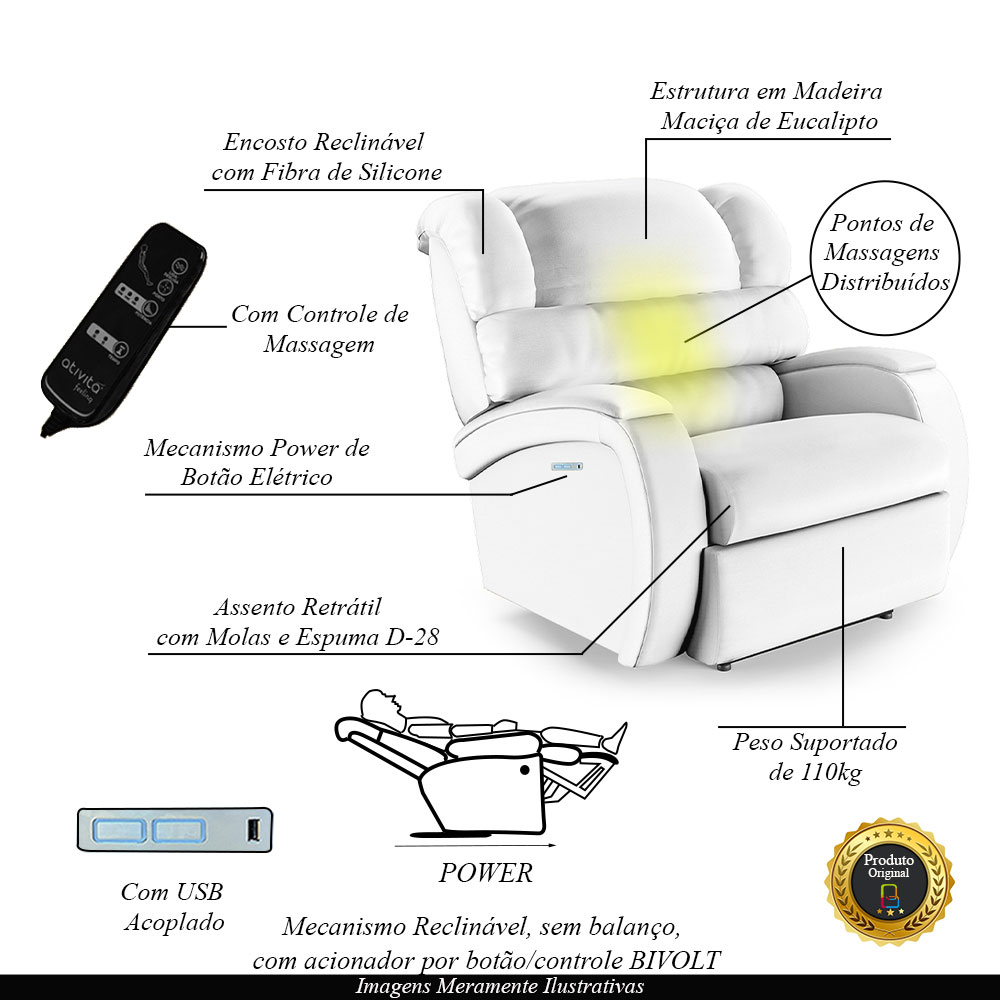 Poltrona do Papai Sala de Cinema Reclinável Kylie Elétrica Botão com Led Massagem USB PU Branco G23