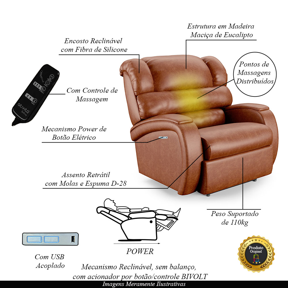 Poltrona do Papai Sala de Cinema Reclinável Kylie Elétrica Botão com Led Massagem USB PU Caramelo Brilho G23