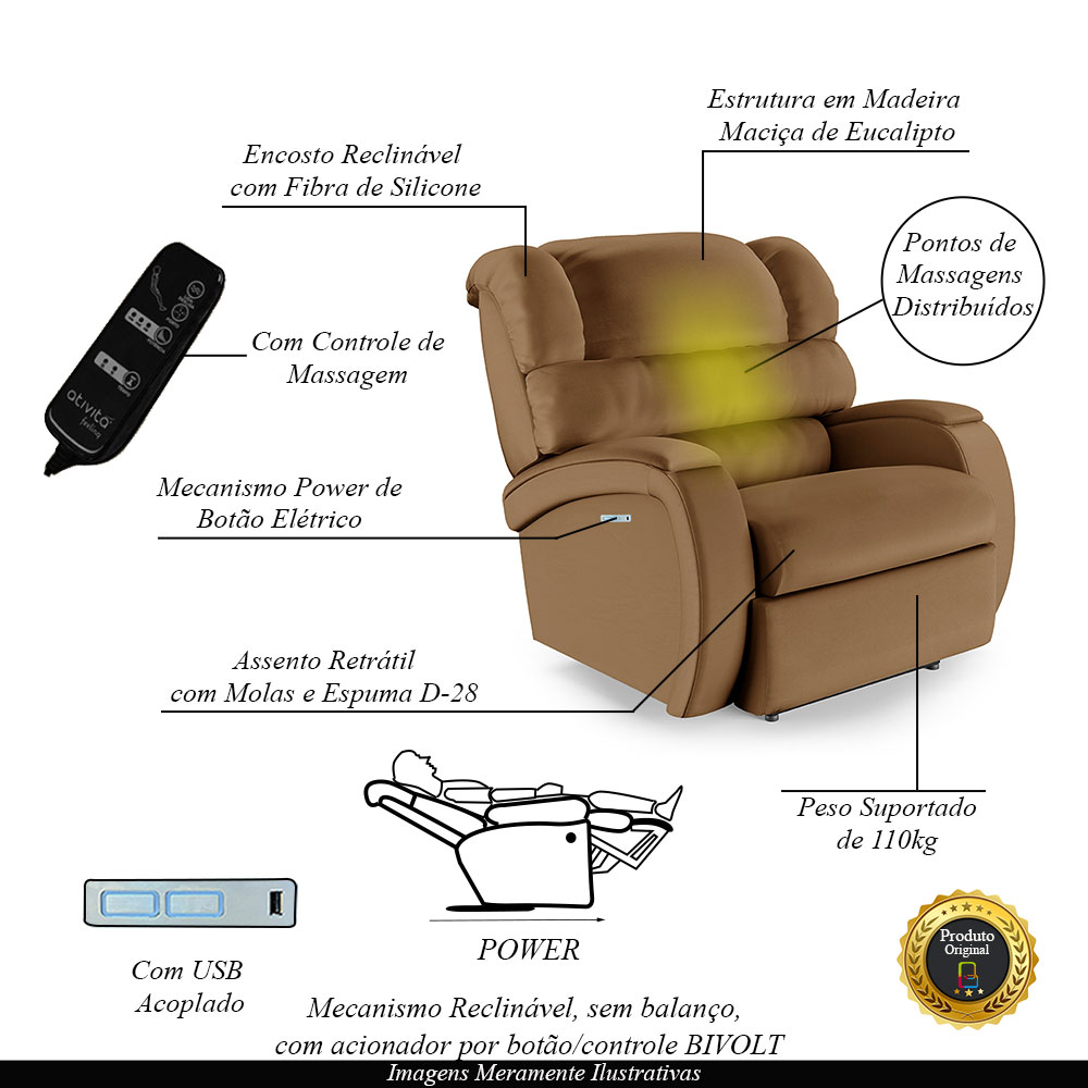 Poltrona do Papai Sala de Cinema Reclinável Kylie Elétrica Botão com Led Massagem USB PU Caramelo G23
