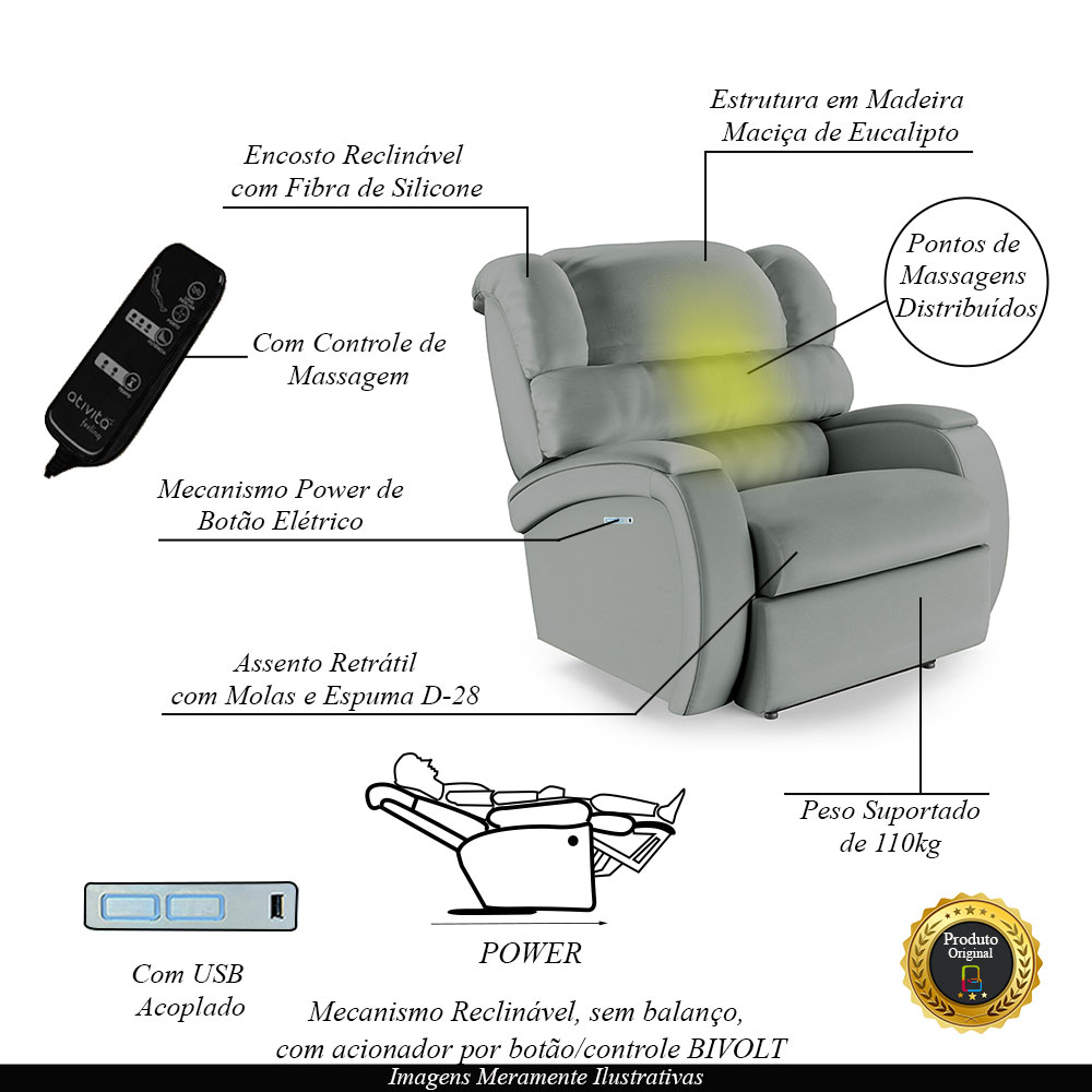 Poltrona do Papai Sala de Cinema Reclinável Kylie Elétrica Botão com Led Massagem USB PU Cinza G23