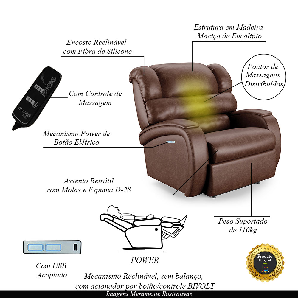 Poltrona do Papai Sala de Cinema Reclinável Kylie Elétrica Botão com Led Massagem USB PU Marrom Brilho G23