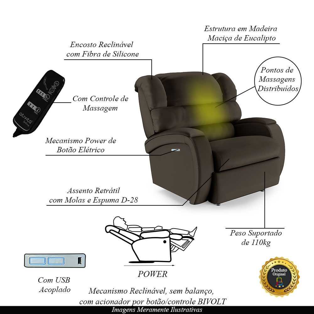 Poltrona do Papai Sala de Cinema Reclinável Kylie Elétrica Botão com Led Massagem USB PU Marrom G23