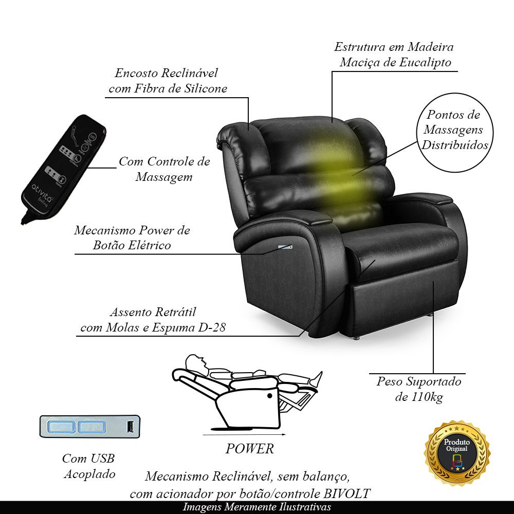 Poltrona do Papai Sala de Cinema Reclinável Kylie Elétrica Botão com Led Massagem USB PU Preto Brilho G23
