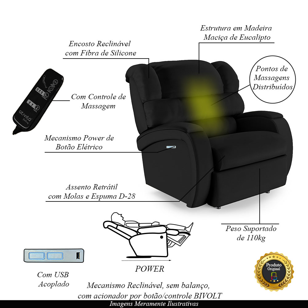 Poltrona do Papai Sala de Cinema Reclinável Kylie Elétrica Botão com Led Massagem USB PU Preto G23