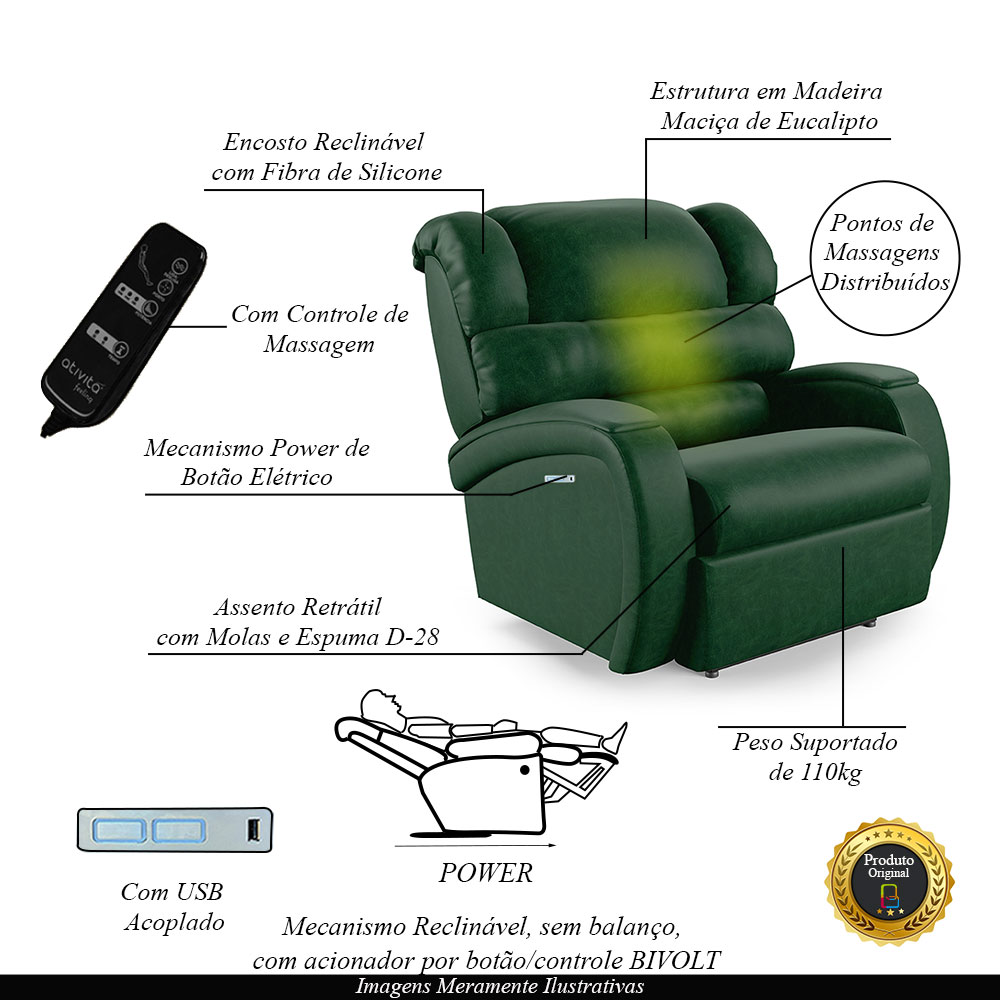 Poltrona do Papai Sala de Cinema Reclinável Kylie Elétrica Botão com Led Massagem USB PU Verde Musgo G23