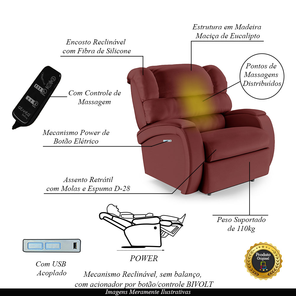 Poltrona do Papai Sala de Cinema Reclinável Kylie Elétrica Botão com Led Massagem USB PU Vermelho G23