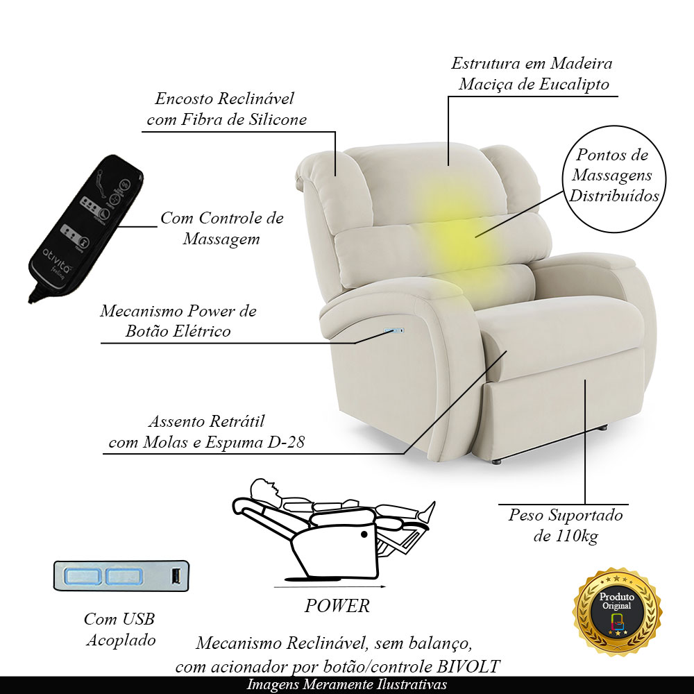Poltrona do Papai Sala de Cinema Reclinável Kylie Elétrica Botão com Led Massagem USB Veludo Bege G23