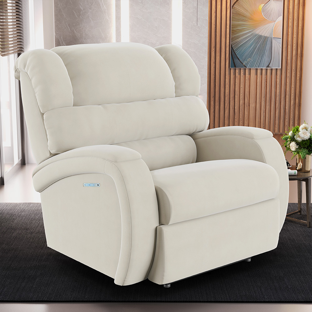 Poltrona do Papai Sala de Cinema Reclinável Kylie Elétrica Botão com Led Massagem USB Veludo Bege G23