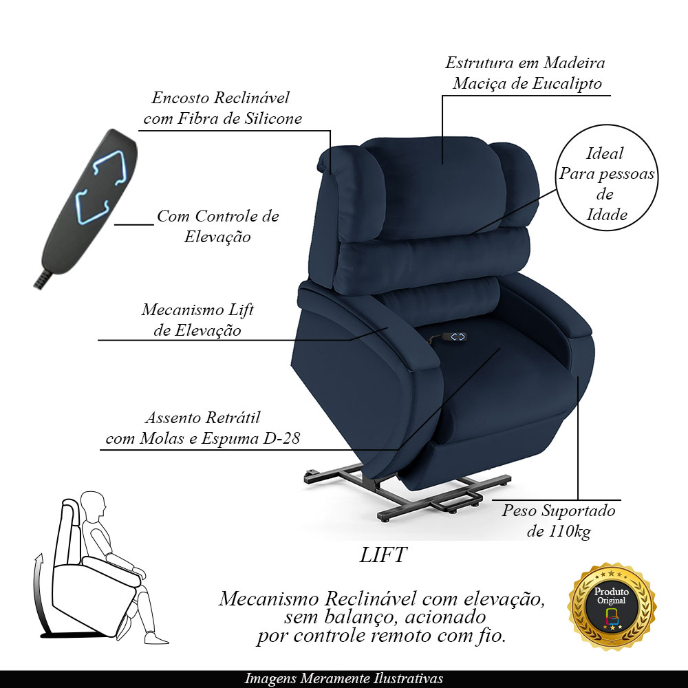 Poltrona do Papai Sala de Cinema Reclinável Kylie Elevação Lift Elétrico PU Azul G23