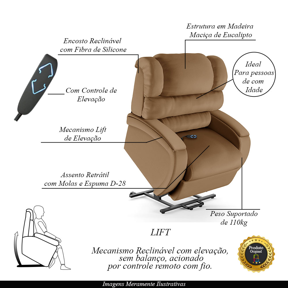 Poltrona do Papai Sala de Cinema Reclinável Kylie Elevação Lift Elétrico PU Caramelo G23