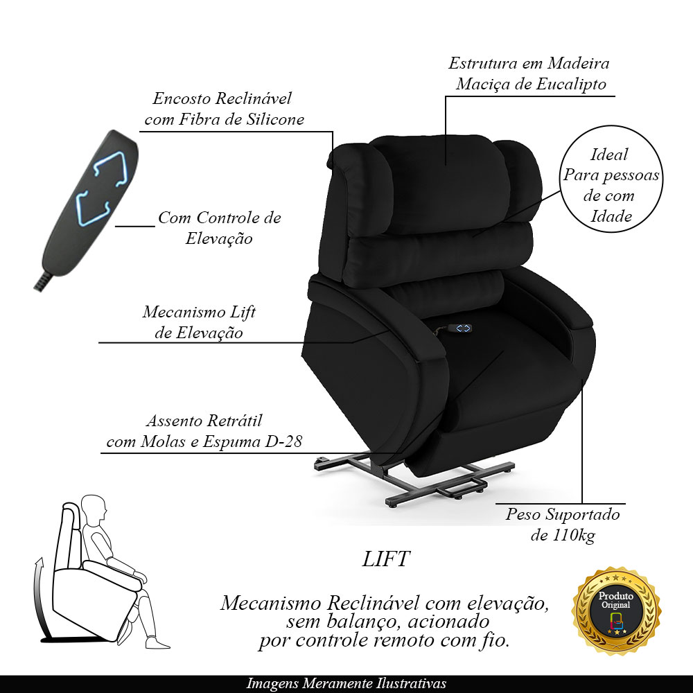 Poltrona do Papai Sala de Cinema Reclinável Kylie Elevação Lift Elétrico PU Preto G23