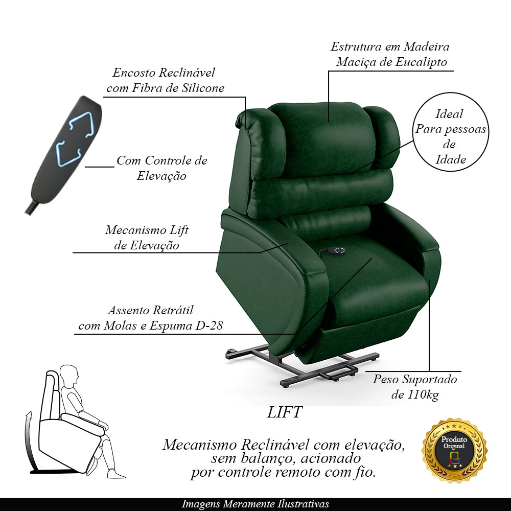 Poltrona do Papai Sala de Cinema Reclinável Kylie Elevação Lift Elétrico PU Verde Musgo G23