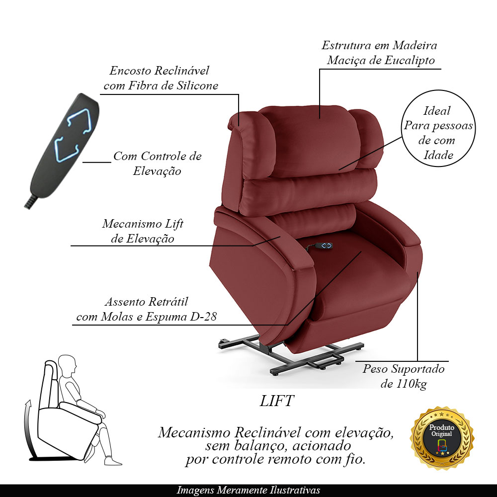 Poltrona do Papai Sala de Cinema Reclinável Kylie Elevação Lift Elétrico PU Vermelho G23