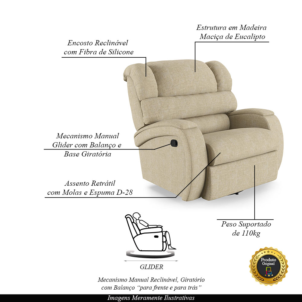 Poltrona do Papai Sala de Cinema Reclinável Kylie Glider Manual Giratória Linho Bege G23