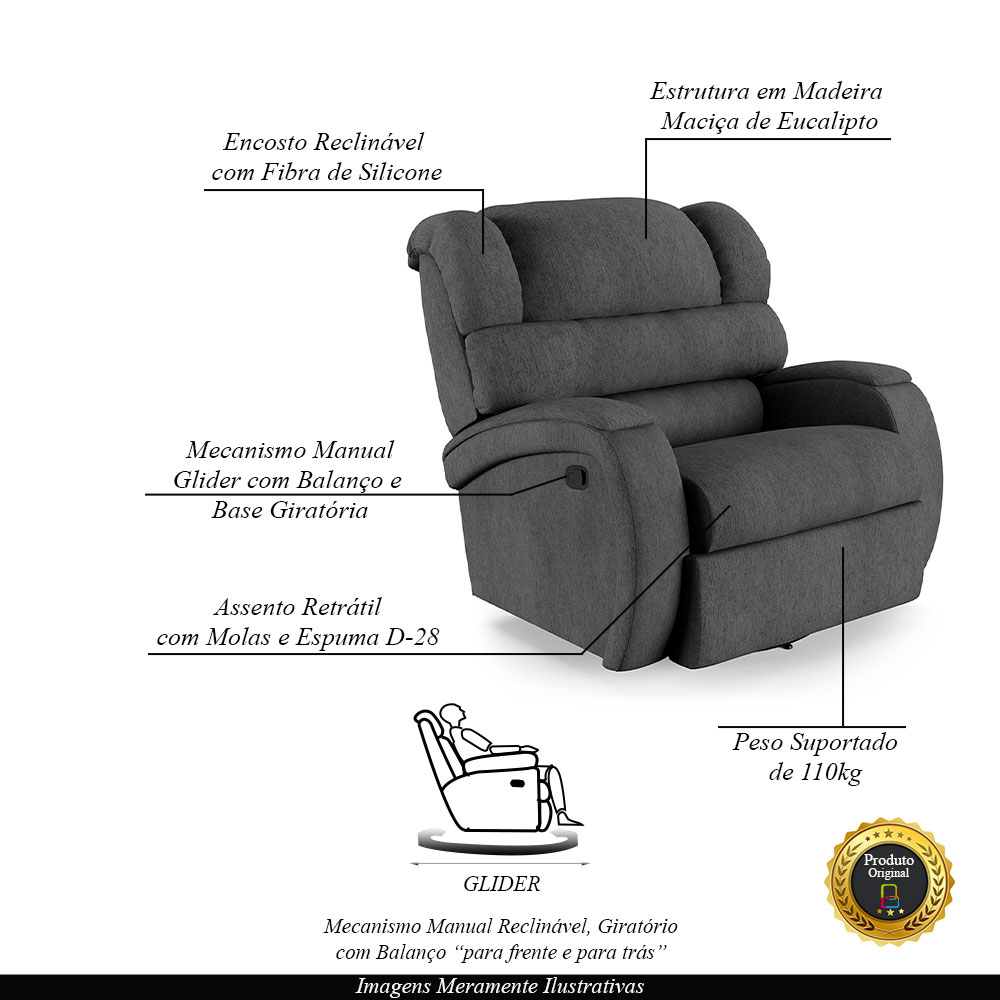 Poltrona do Papai Sala de Cinema Reclinável Kylie Glider Manual Giratória Linho Chumbo G23