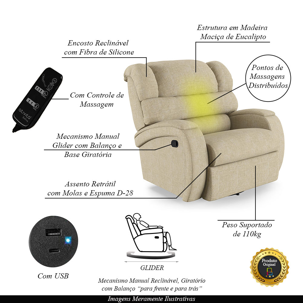 Poltrona do Papai Sala de Cinema Reclinável Kylie Glider Manual Giratória Massagem USB Linho Bege G23