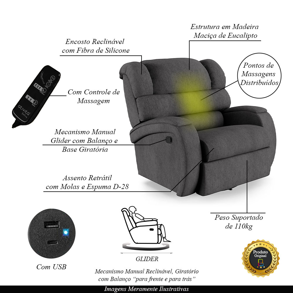 Poltrona do Papai Sala de Cinema Reclinável Kylie Glider Manual Giratória Massagem USB Linho Chumbo G23