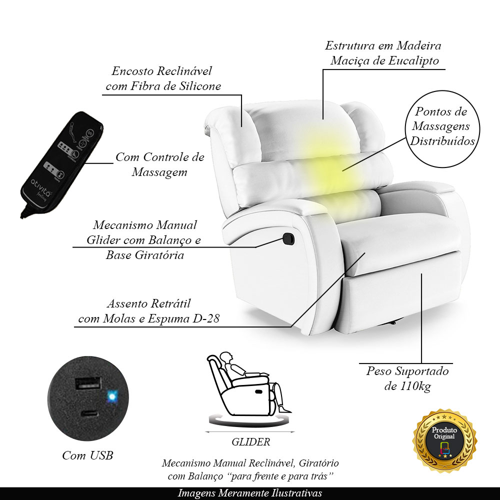 Poltrona do Papai Sala de Cinema Reclinável Kylie Glider Manual Giratória Massagem USB PU Branco G23